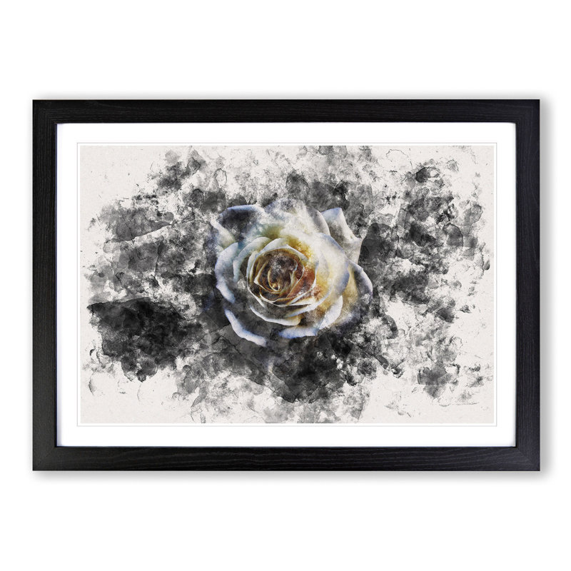 A Crisp White Rose Watercolour - Picture Frame Graphic Art Print, 62cm H x 87cm W x 2cm D, Black Framed