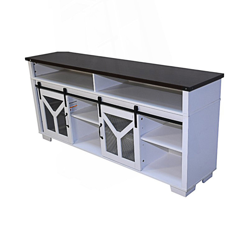Meuble télé de style campagnard avec bandes lumineuses à DEL et porte de grange, console de télévision