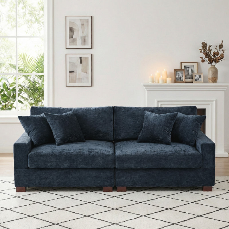 2 - Piece Upholstered Blue Chenille Modular Sectional Sofa with Armrests & Throw Pillows, Blue