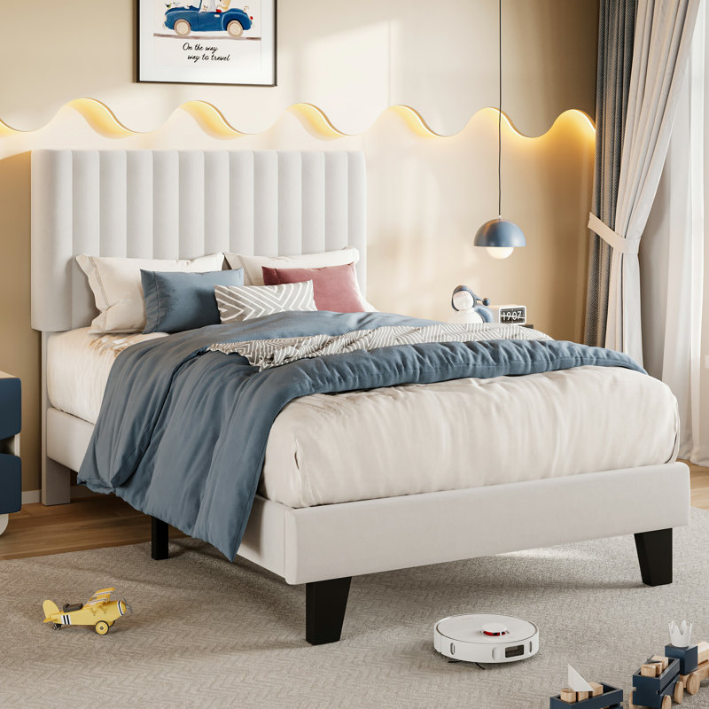  Structure de lit simple, structure de lit plateforme en lin avec tête de lit en tissu, support de lattes en bois massif, silencieux, sans sommier, assemblage facile, blanc