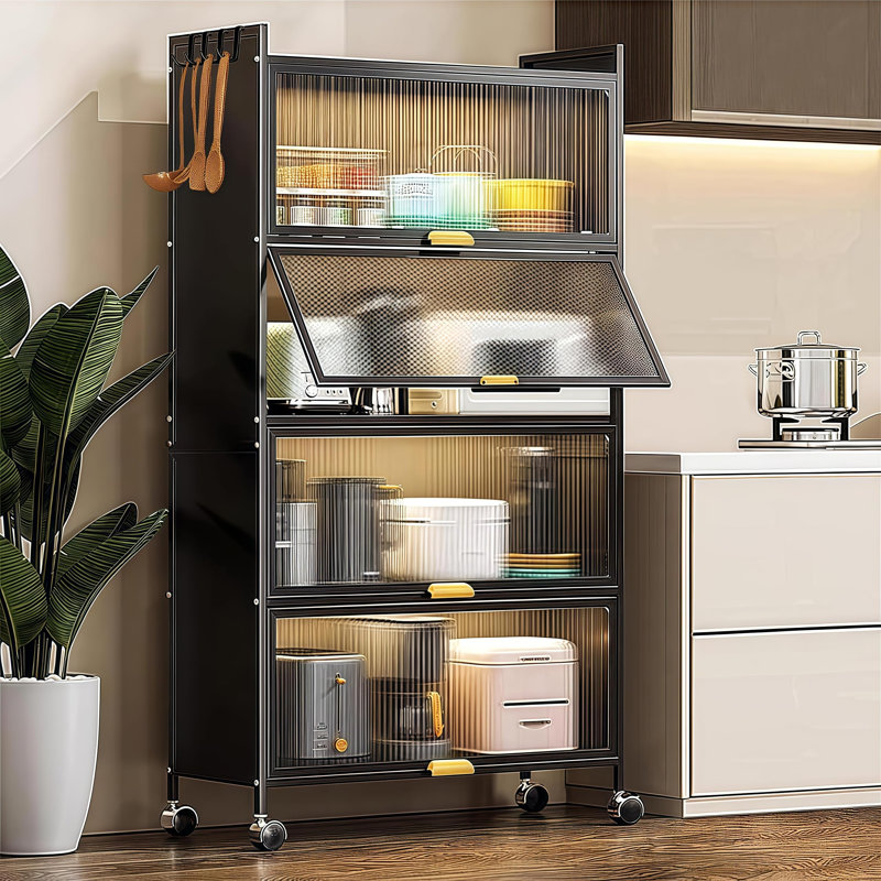 Kitchen Storage Cabinet, Kitchen Bakers Rack With 4 Foot Pads, 360° Swivel Lockable Casters And 4 Hooks, For Dining Room