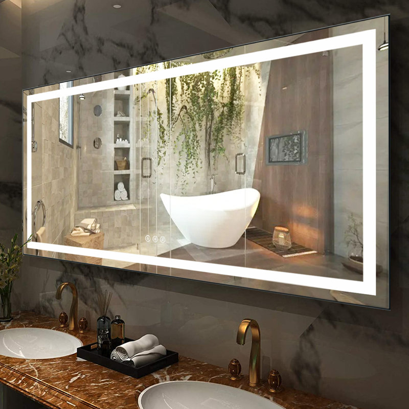 Eleen Rectangular Gold Frame Modern High Lumen Lighted LED Mirror Anti-Fog Wall Mounted Bathroom Vanity Mirror with Lights Large Dimmable Makeup Mirror Home Decor Mirror(Horizontal/Vertical)