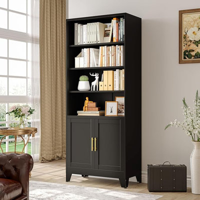 Bibliothèque en métal à 6 niveaux avec armoire de rangement, armoires de rangement de 71 po de hauteur avec portes et tablettes réglables, bibliothèque ouverte autoportante pour le bureau, la chambre et le bureau (noir)