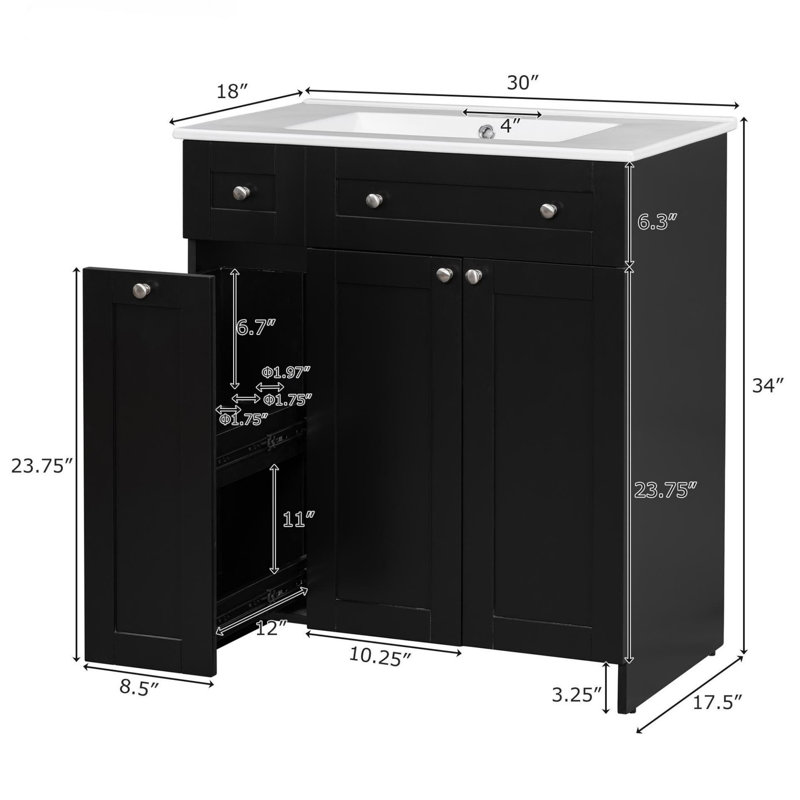  Meuble-lavabo simple 30 po avec comptoir, Noir, noir, noir, noir