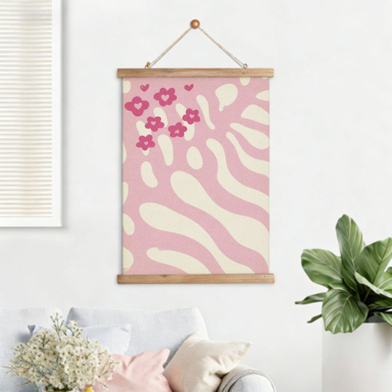 Reproduction de zèbre rose, art mural à volutes suspendues, cintre en bois intégré, 16 x 24