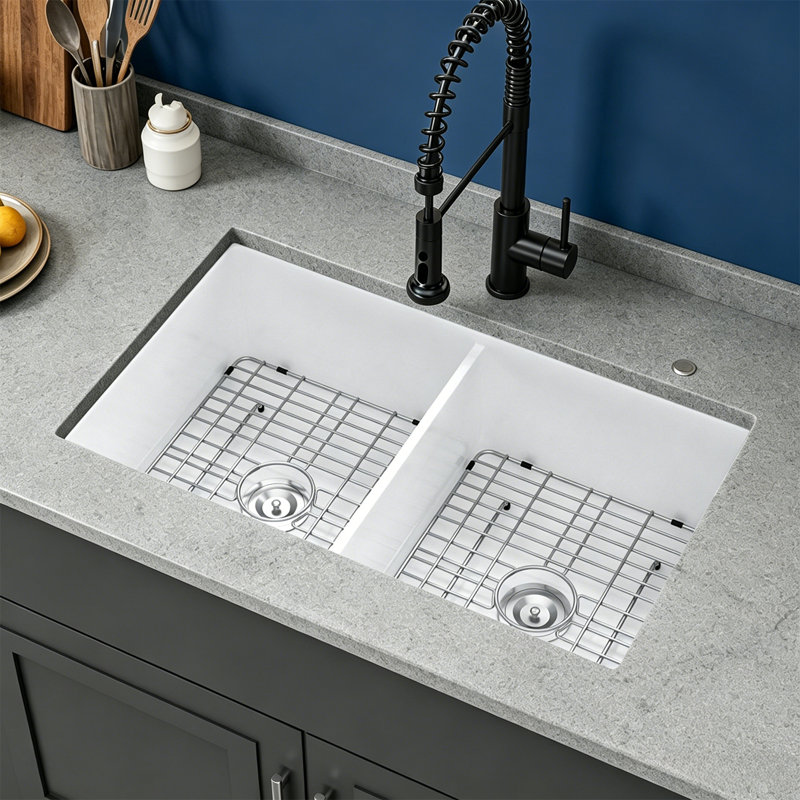 Évier de cuisine à double cuve en argile réfractaire à double cuve avec accessoires 32 po x 19 po x 10 po Topcraft (50/50)