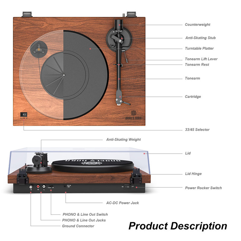 Tourne-disque stéréo décoratif avec préampli Phono intégré et tourne-disque à courroie, Noyer