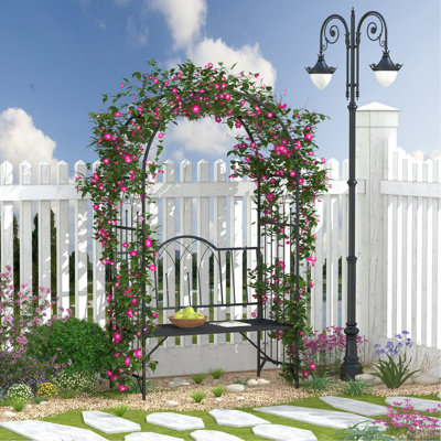 Treillis de jardin en métal avec banc intégré - Capacité de charge : 220 kg, arche extérieure avec banc pour deux personnes pour la culture de plantes grimpantes, noir