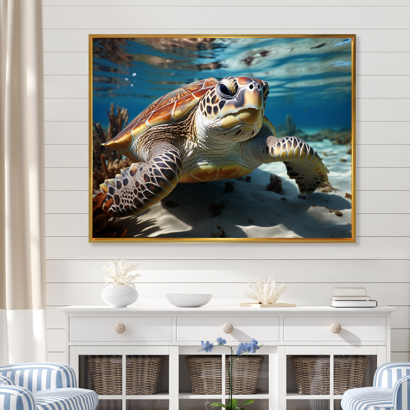 Minimalist Lagoon Turtle sur toile, Cadre flottant doré, H 30 po x l 40 po x P 1,5 po