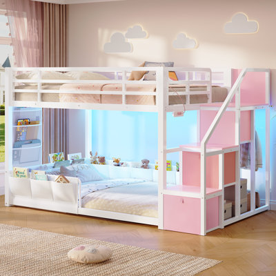 Lit superposé pour enfant avec lumières DEL et station de charge, 22 tiroirs de rangement latéraux 3 tiroirs