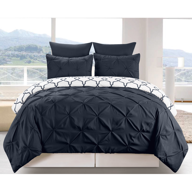 Elegant Reversible 3 Piece Pintuck Duvet Cover Set, Queen Duvet Cover + 2 Shams, Navy