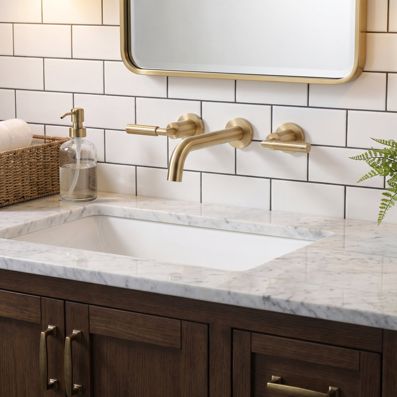 Modern Wall Mounted 2-handle Bathroom Sink Faucet in Brushed Gold, Solid Brass With Drain Assembly, Brushed Gold