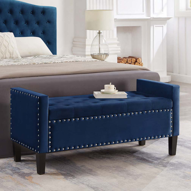 Banc de rangement rembourré capitonné avec accoudoirs, Marine