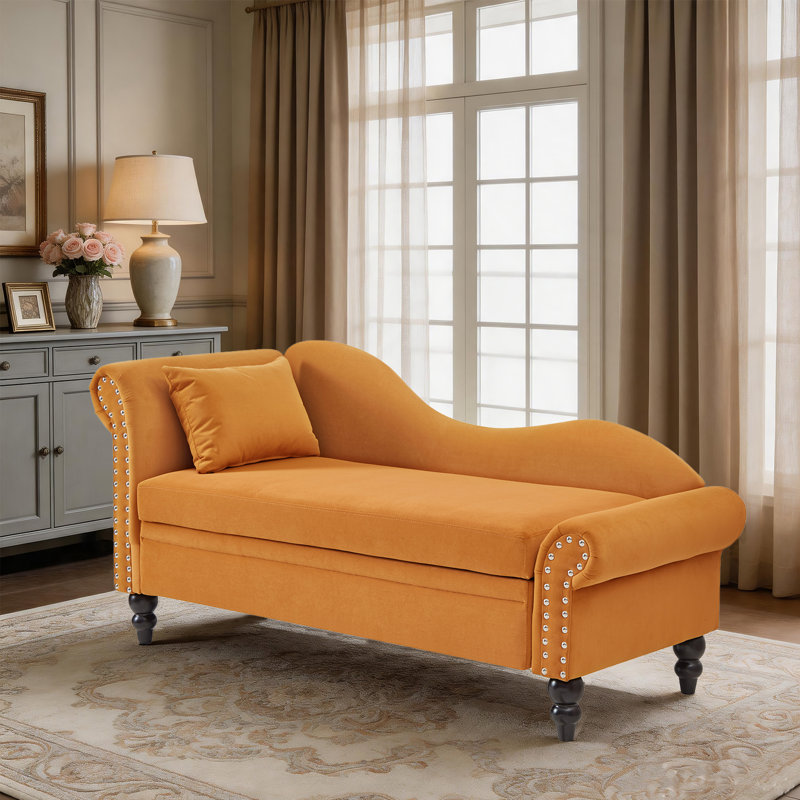 Méridienne moderne en velours - Canapé de rangement avec accoudoir gauche, coussin lombaire et garniture cloutée argentée pour la chambre à coucher, le salon ou le bureau