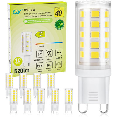 GY G9 LED Bulbs,3.2W Warm White 3000K Energy Saving Light Bulbs,Equivalent to 40W,520 Lumen No Flicker, Not Dimmable for Home Lighting Decor,10 Pack