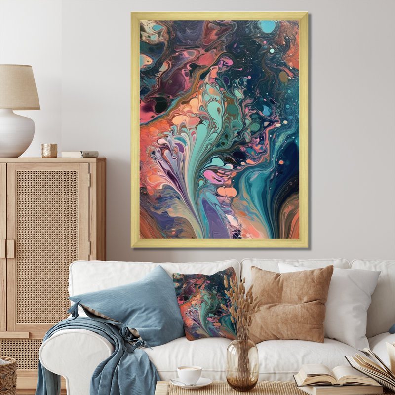 Sarcelle rose marbré fantaisie IV sur toile, Cadre doré à une seule photo, H 40 po x l 30 po x P 1,5 po