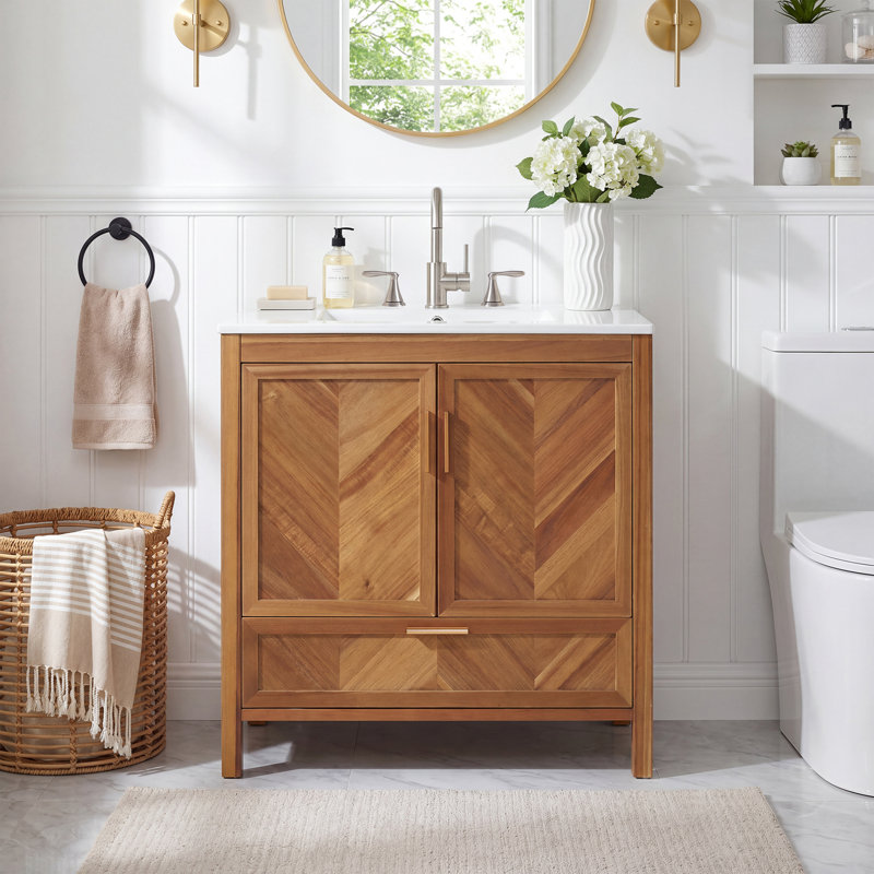 Meuble-lavabo de ferme de 30 po Willow avec armoire à chevrons en placage de bois d'acacia naturel et lavabo intégré en céramique blanche