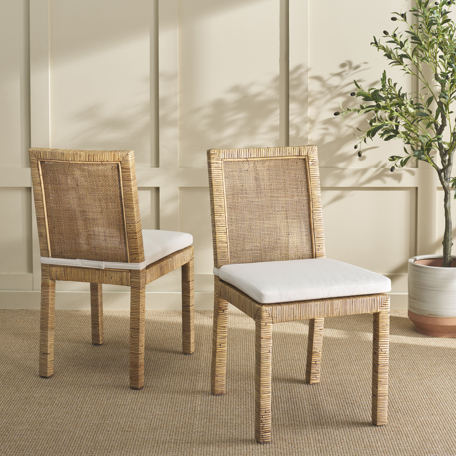 Elaina Woven Side Chair, White, Honey Brown Wash