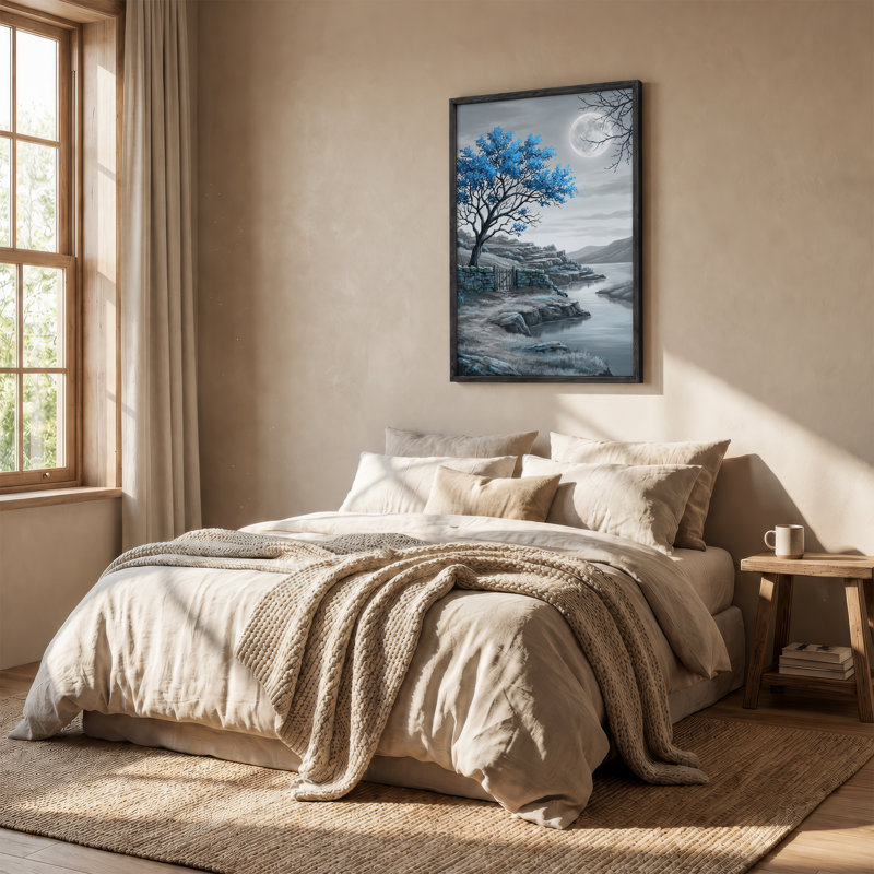 «Blue Tree and Stone Wall» par Moonlit River, art mural sur toile, 48"H x 36"W