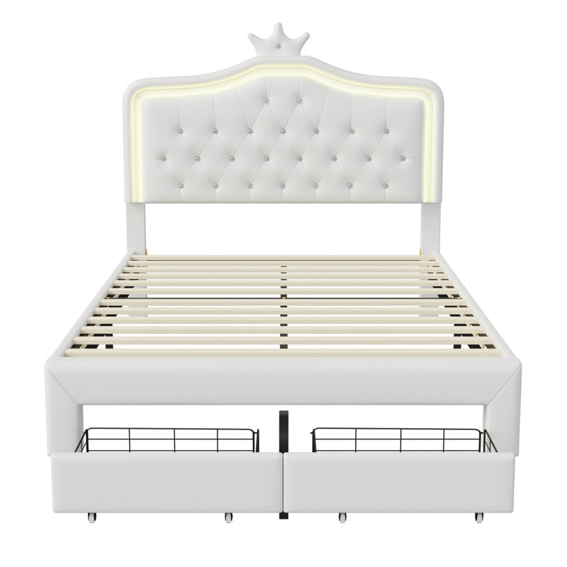 Princess Bed With LED Crown Headboard & Drawer(S), Faux Leather Storage Frame, White & Pink, White