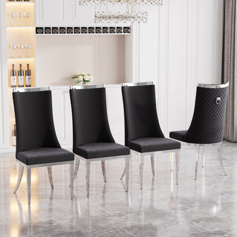 Chaise de salle à manger en velours à haut dossier, 4, Noir, Argent