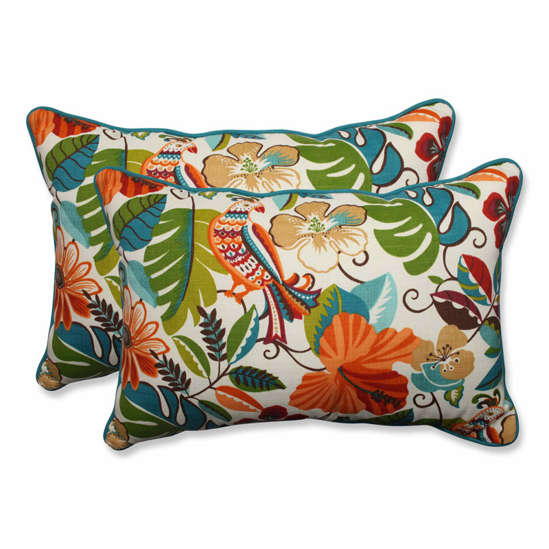 Set of 2 Off-White Jungle Floral Lumbar Throw Pillows