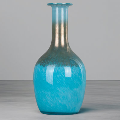 Hand-Blown Blue Art Glass Table Vase with Bronze Accent