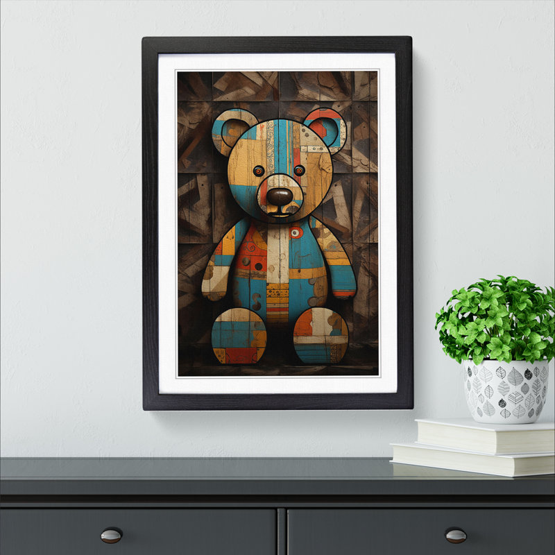 XYZ-FRM-V1223-1616 Teddy Bear Art Deco - Single Picture Frame Print on Wood, 64cm H x 46cm W x 2cm D, Black 