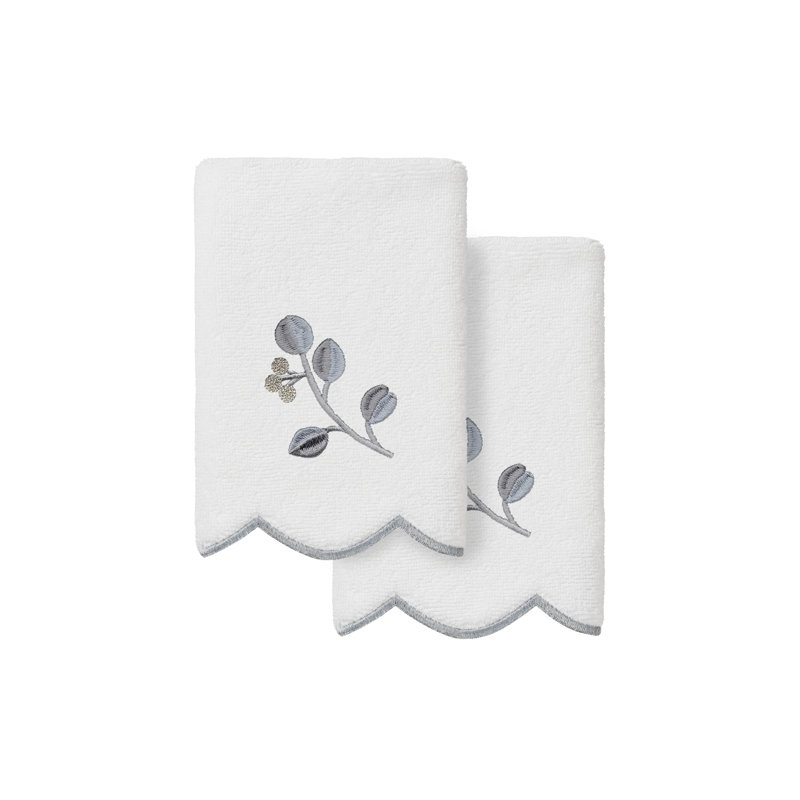  100% Turkish Cotton WILD BRANCH Scallop 2PC Embellished Bath Towel Set, White/Gray, Bath Towel - 2 Pack