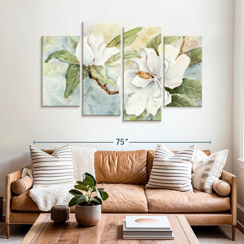 Branche de magnolia Harnek, aquarelle blanche, H 42 po x l 68 po