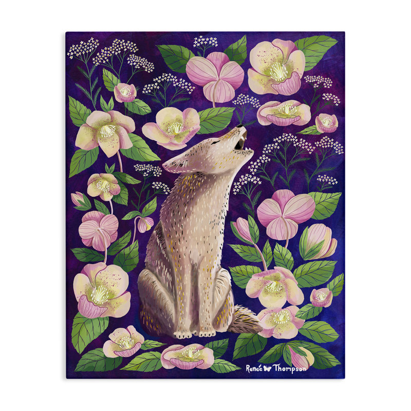 «Coyote & Pink Florals», art mural sur toile par Renee Thompson, H 30 po x l 24 po
