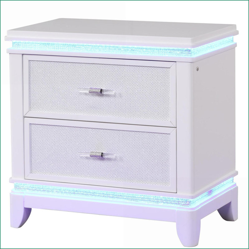 Table de chevet blanche moderne à 2 tiroirs avec DEL Façade du miroir - Bois massif, Blanc