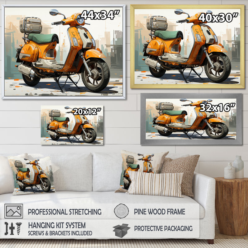 Orange Scooter Caf Racer - imprimé, Cadre flottant noir, H 30 po x l 40 po x P 1,5 po