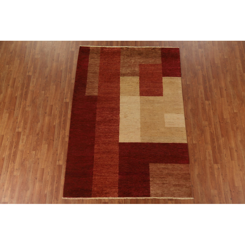 Tapis rouge / blanc / brun en laine noué à la main de conception unique 5 pi 8 po x 8 pi 2 po New Age