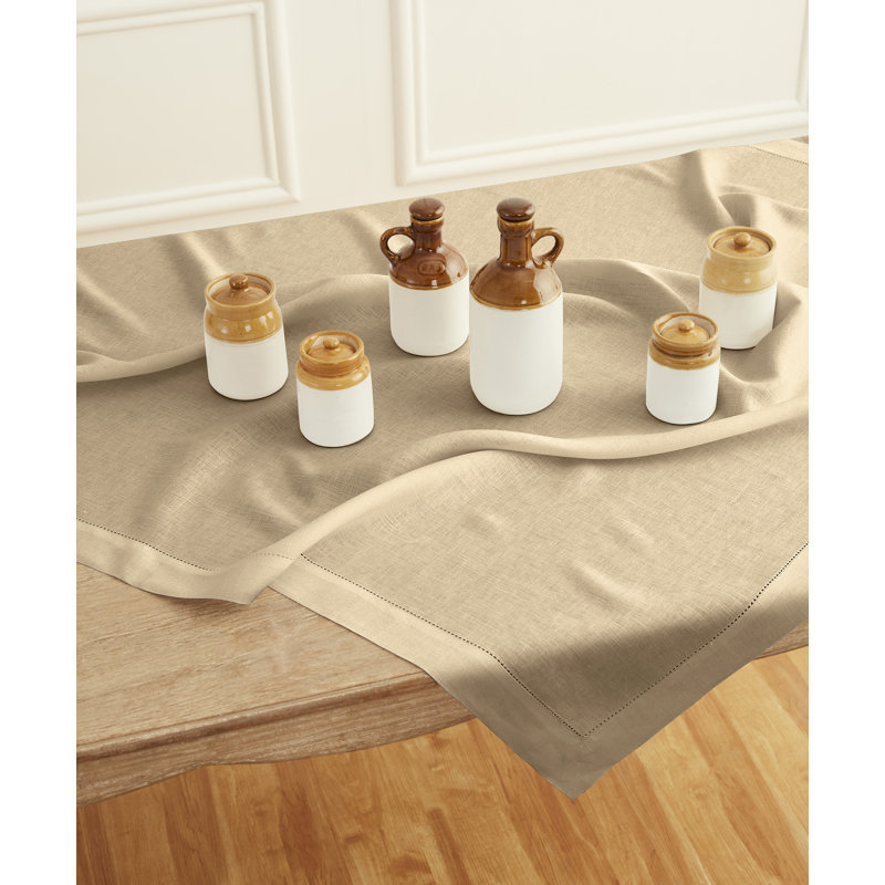 100% Pure Linen Hemstitch Table Throw - Classic Hemstitch, Beige