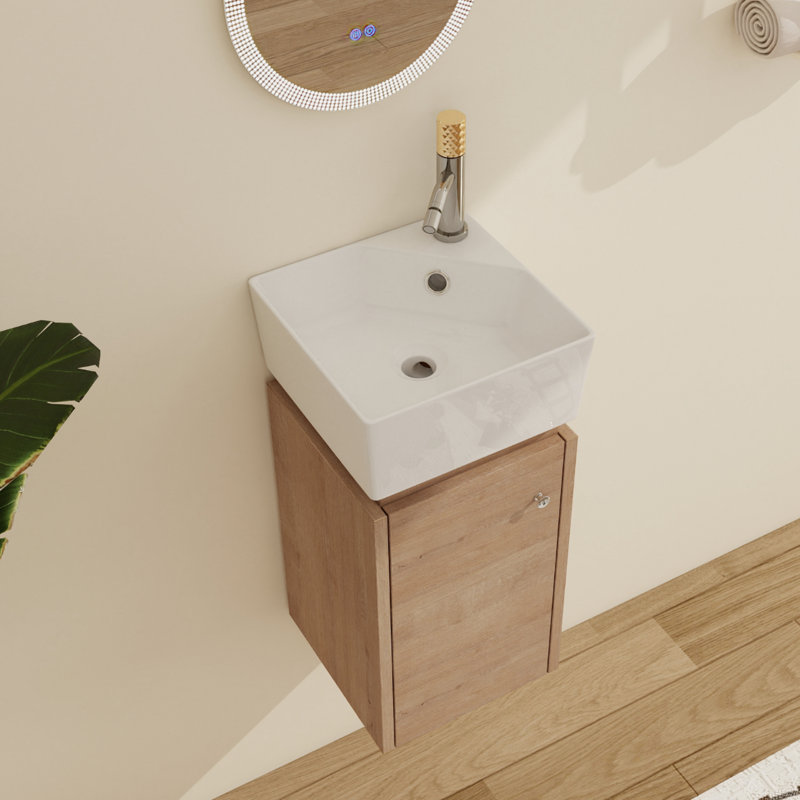 Donnadio 12" Wall Mounted Corner Single Bathroom Vanity,Floating Vanity with 1 Door and White Ceramic Sink Top, Imitative Oak