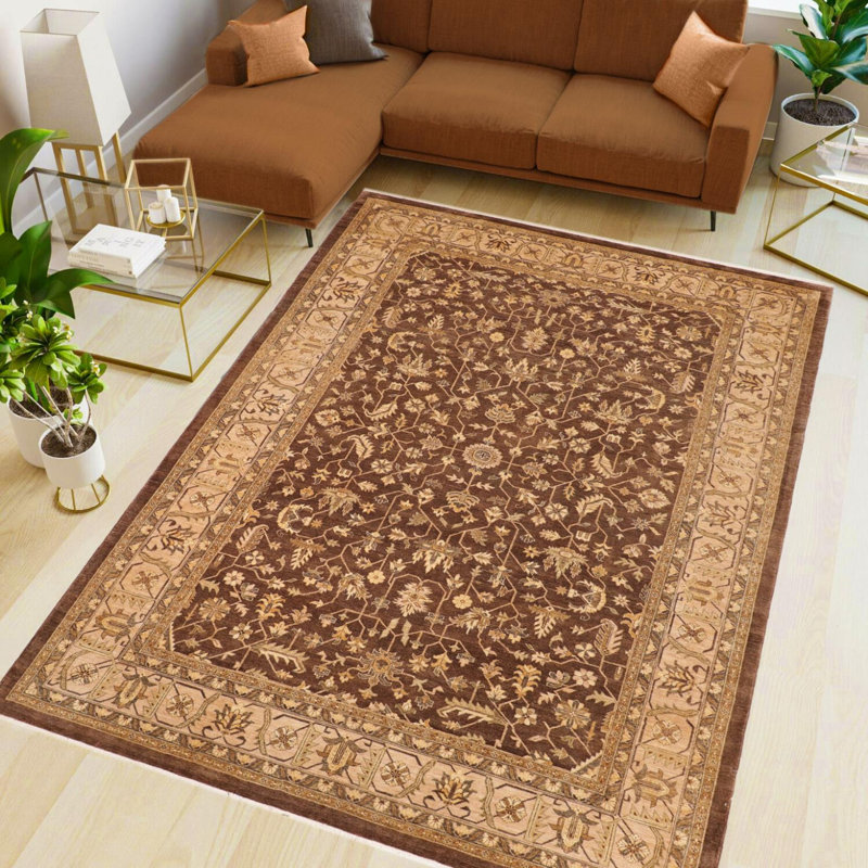 Tapis brun / beige en laine noué à la main de style oriental rectangulaire 9 pi 9 po x 13 pi 10 po Grigori
