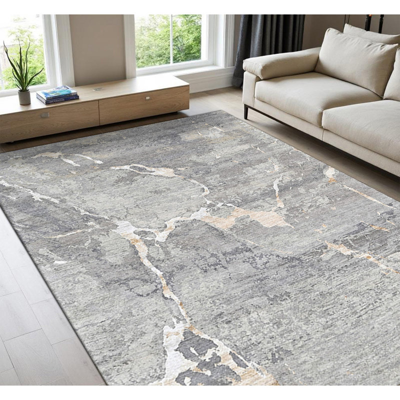 Tapis gris et or noué à la main de haute qualité, Rectangulaire 8 pi x 10 pi