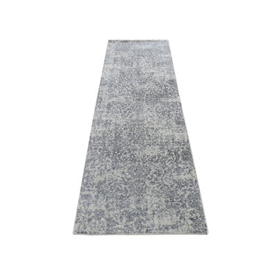 2'5"x8'2" Gray Erased Design Hand Loomed Wool and Silk Runner Rug 7074D99A87884FFBA6BA1199148DC47D