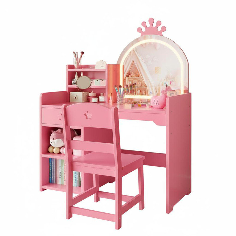 Kids Vanity Table and Chair Set with Mirror and Lights, White Makeup Vanity Desk with Drawer and Open Storage Shelves, Wooden Dressing Table for Little Girls Bedroom