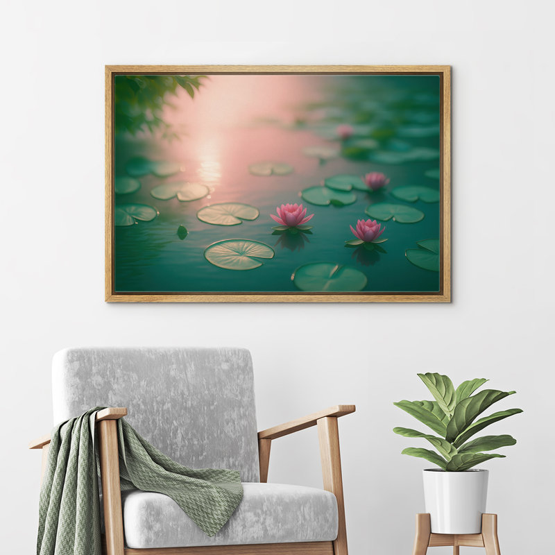 Doux étang de lotus rose au coucher du soleil, reproduction d'art sur toile encadrée dans la chambre principale, Naturel
