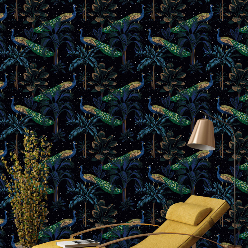 Rouleau de papier peint adhésif Tropical Night Peacock Bird, L 16,67 po x l 25 po