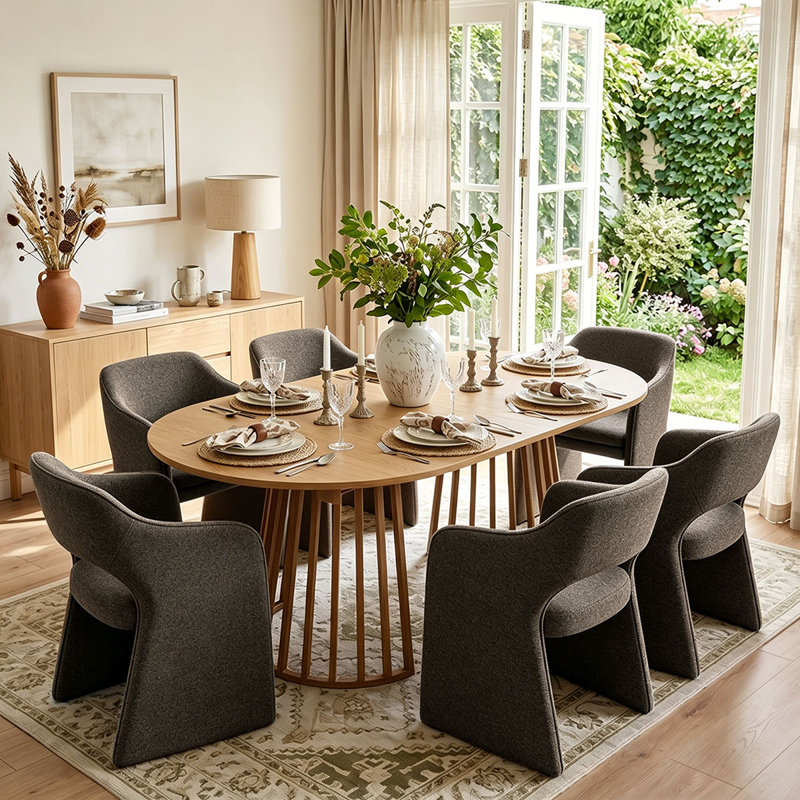 6- Person Dining Table Sets With Extendabe Oval Table & 6 Upholstered Waterproof Dining Chairs, Brown