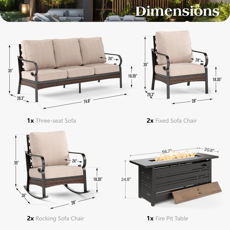 7 Person Outdoor Patio Seating Set With 2 Rocking Lounge Chairs & Fire Pit Table, Black/Beige/Black