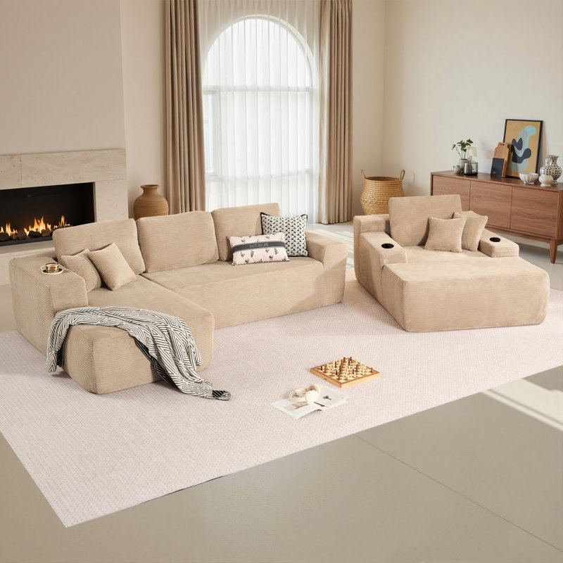 Ensemble de salon 3 pièces sans assemblage, canapé modulaire moelleux avec causeuse et méridienne, Beige