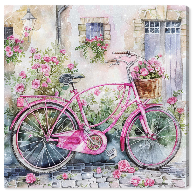 Glam Pink Bicycle with Roses Canvas Wall Art, 24" x 24"