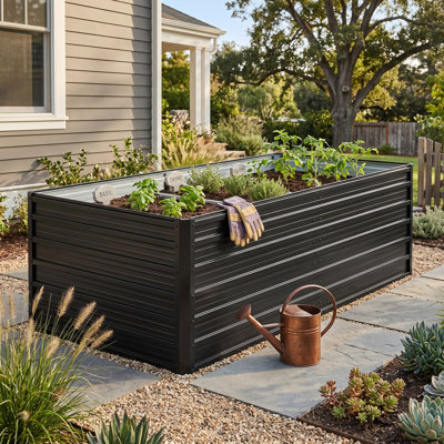 74.6" Galvanized Steel Raised Garden Bed with Reinforced Panels, Black