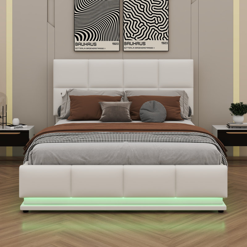 Deaundra Upholstered Platform Storage Bed, White, Queen
