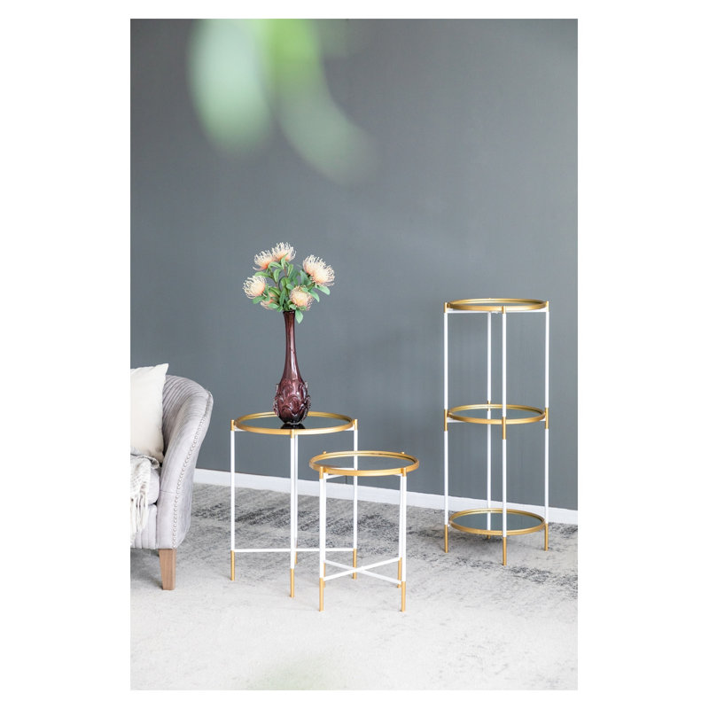 Ensemble de 2 tables d'appoint gigognes dorées et blanches avec dessus ronds