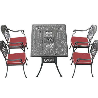 Outdoor Cast Aluminum Patio Furniture - 5 Pieces, Black, , Slip Pad, Rectangular Table, Comfortable Seating 5, Cushions, Comfy For Relaxing